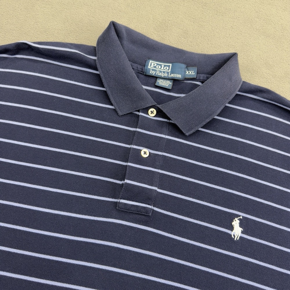 Vintage Polo Ralph Lauren Shirt Mens XXL Navy Blue Stripe Short Sleeve Pima Pony